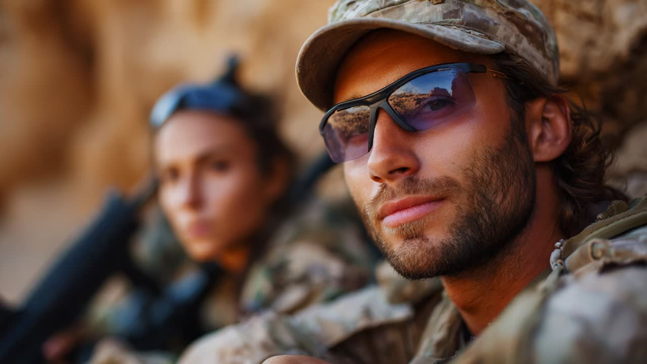 Two Military Personnel Relaxing in Combat Gear: The Focused Expression of an Elite Soldier and a Strong Commander in Tactical Attire Against a Rocky Background, Exhibiting Resolve and Camaraderie in Their Mission