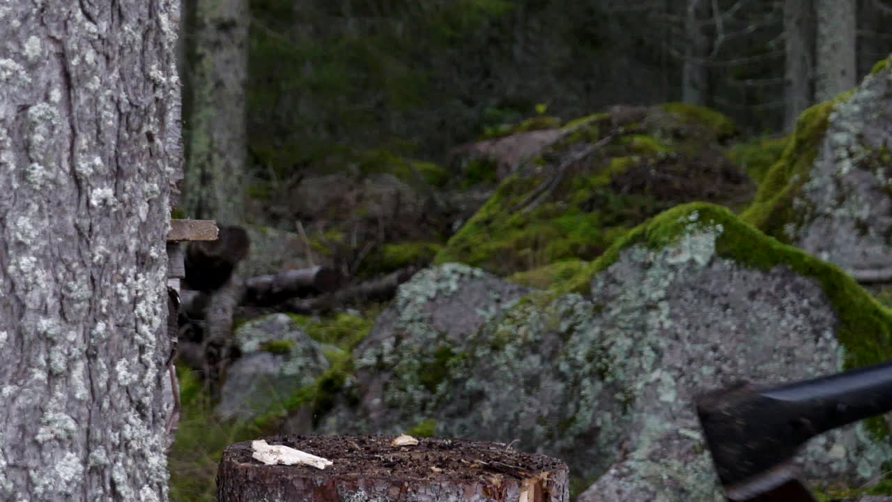 Close dramatic slomo shot of axe splitting piece of wood outdoors