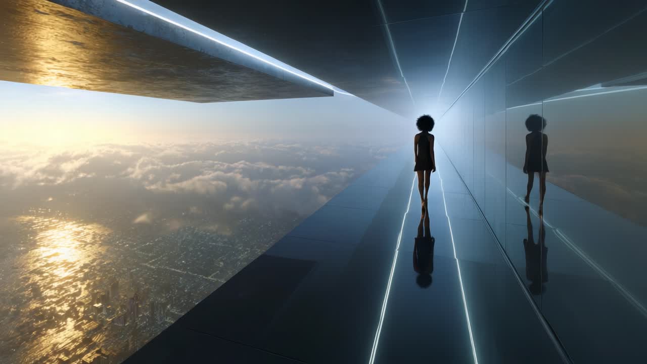 A Solitary Figure Stands at the Edge of a Futuristic Corridor, Overlooking a Breathtaking Cityscape Drenched in Sunset Hues, with Reflection Enhancing the Dreamlike Atmosphere of the Scene