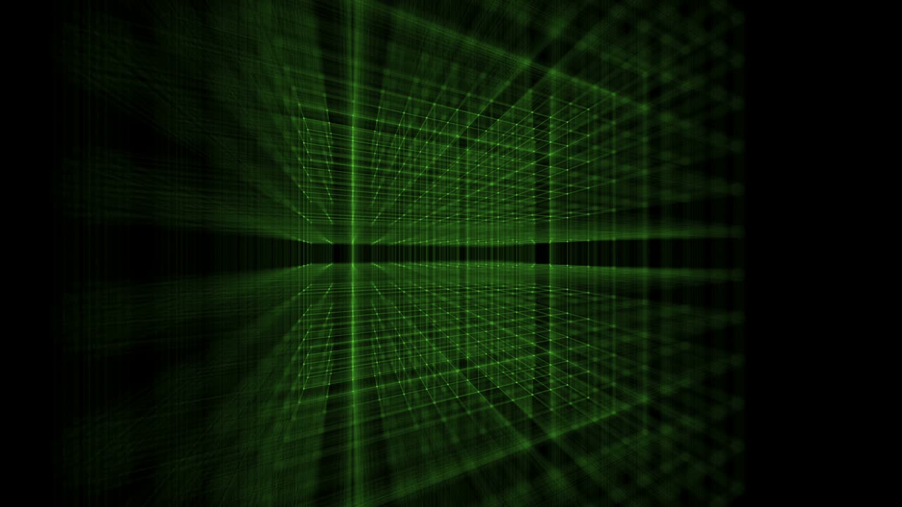 Abstract 3D animation of a green blurred cube who rotating on black background.