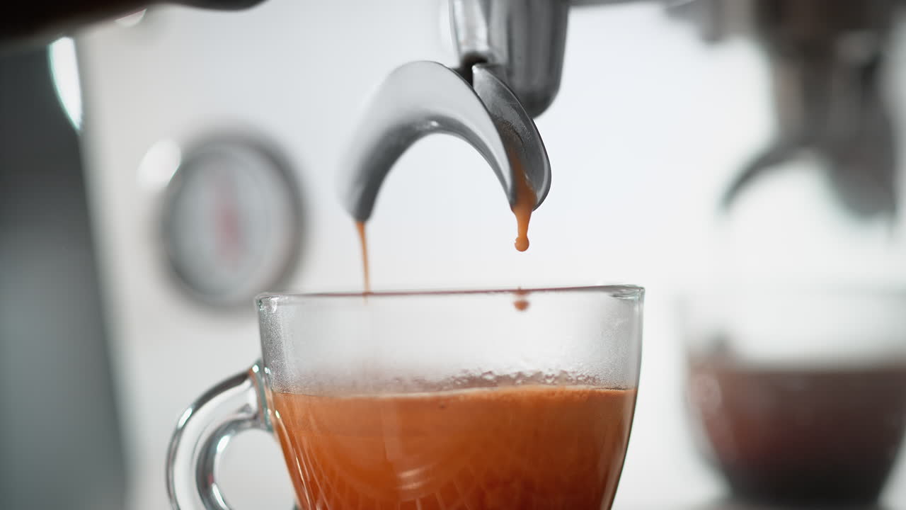 Espresso Pouring To A Steamy Transparent Cup From A Coffee Maker's Portafilter in Slow Motion