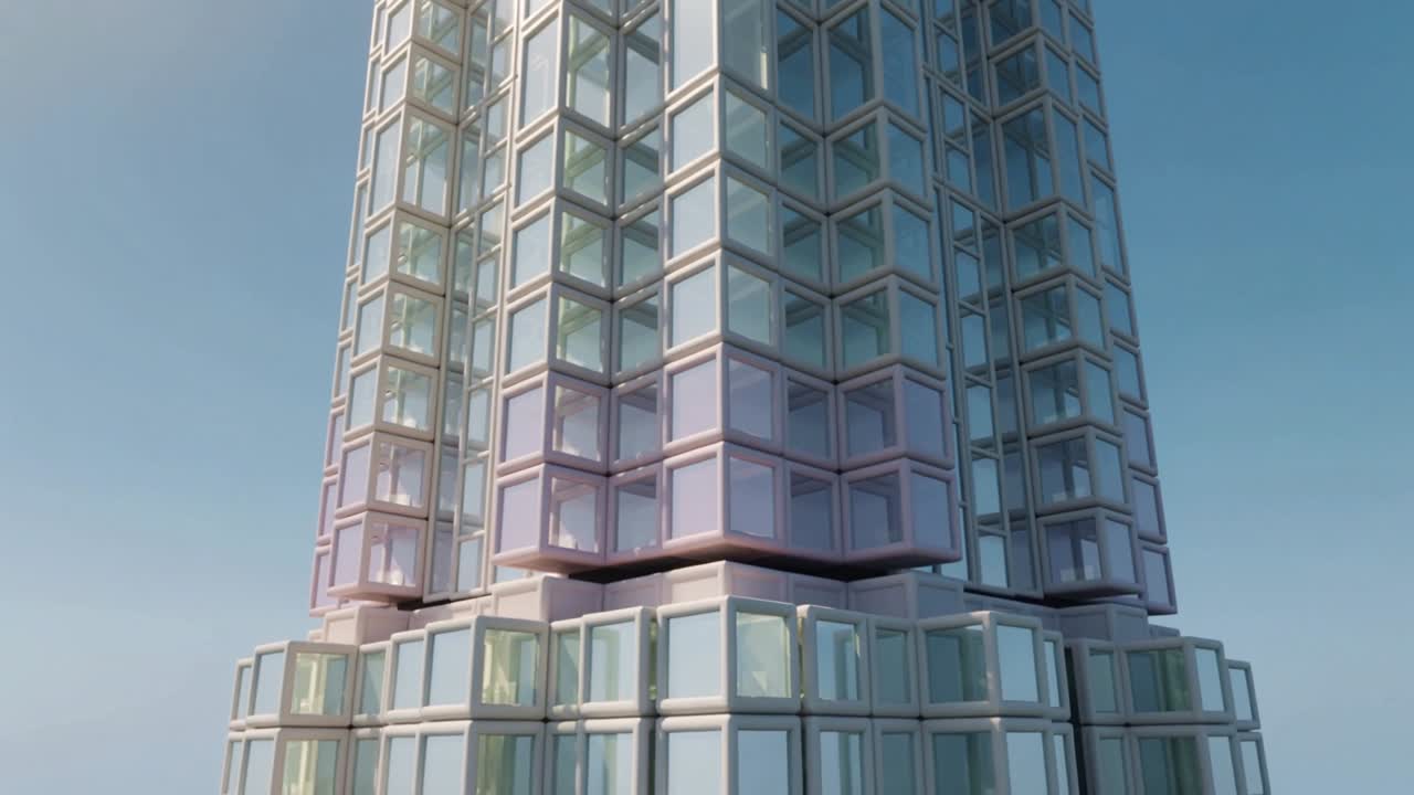 Telecamera che si muove verso l'alto rivelando una torre modulare con struttura in vetro in un modello CGI, mostrando cubi ripetuti