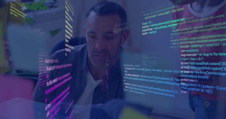 Seated tech lead tapping laptop reviewing code in dev meeting phone scrolling code overlay growing