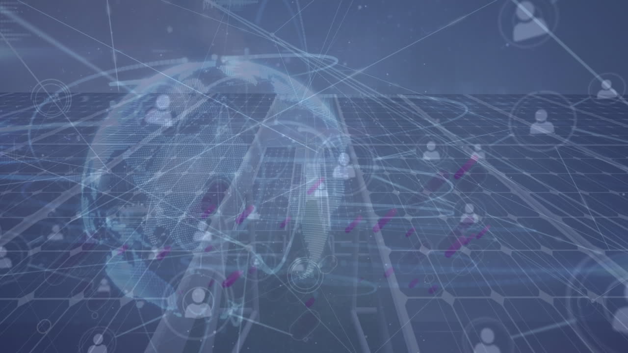 전 세계에 대한 연결 네트워크의 애니메이션, 보라색 모양과 태양 전지판