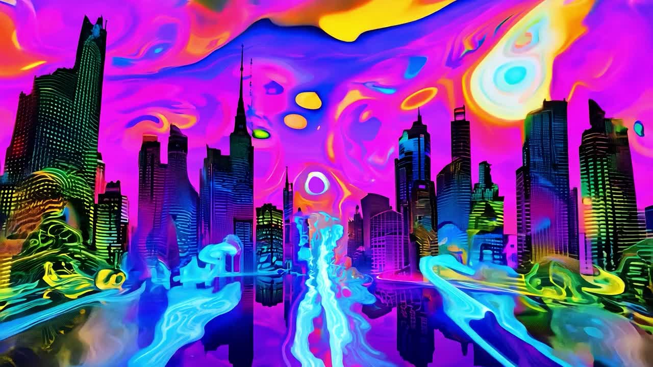 un paisaje urbano colorido y futurista con luces de neón brillantes
