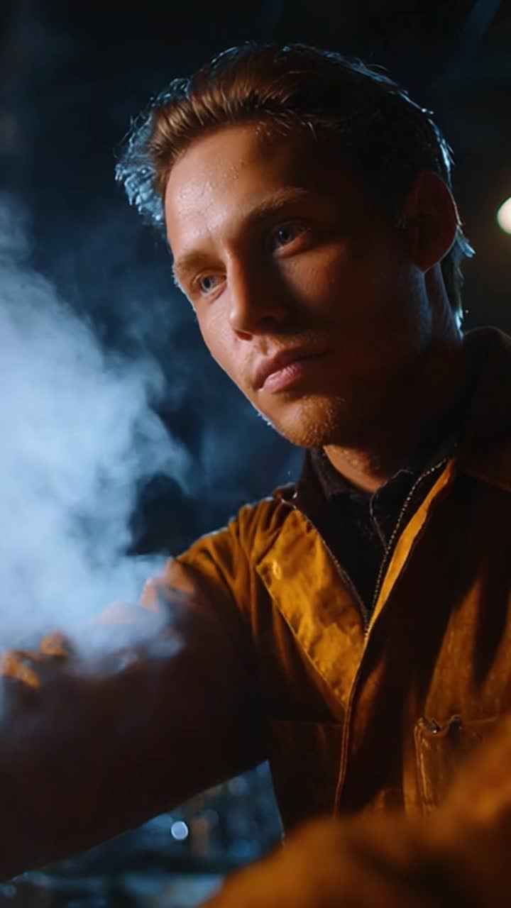 A contemplative character in a smoky environment, showcasing intense expression and deep focus, wearing a workman’s jacket that contrasts with ethereal mist
