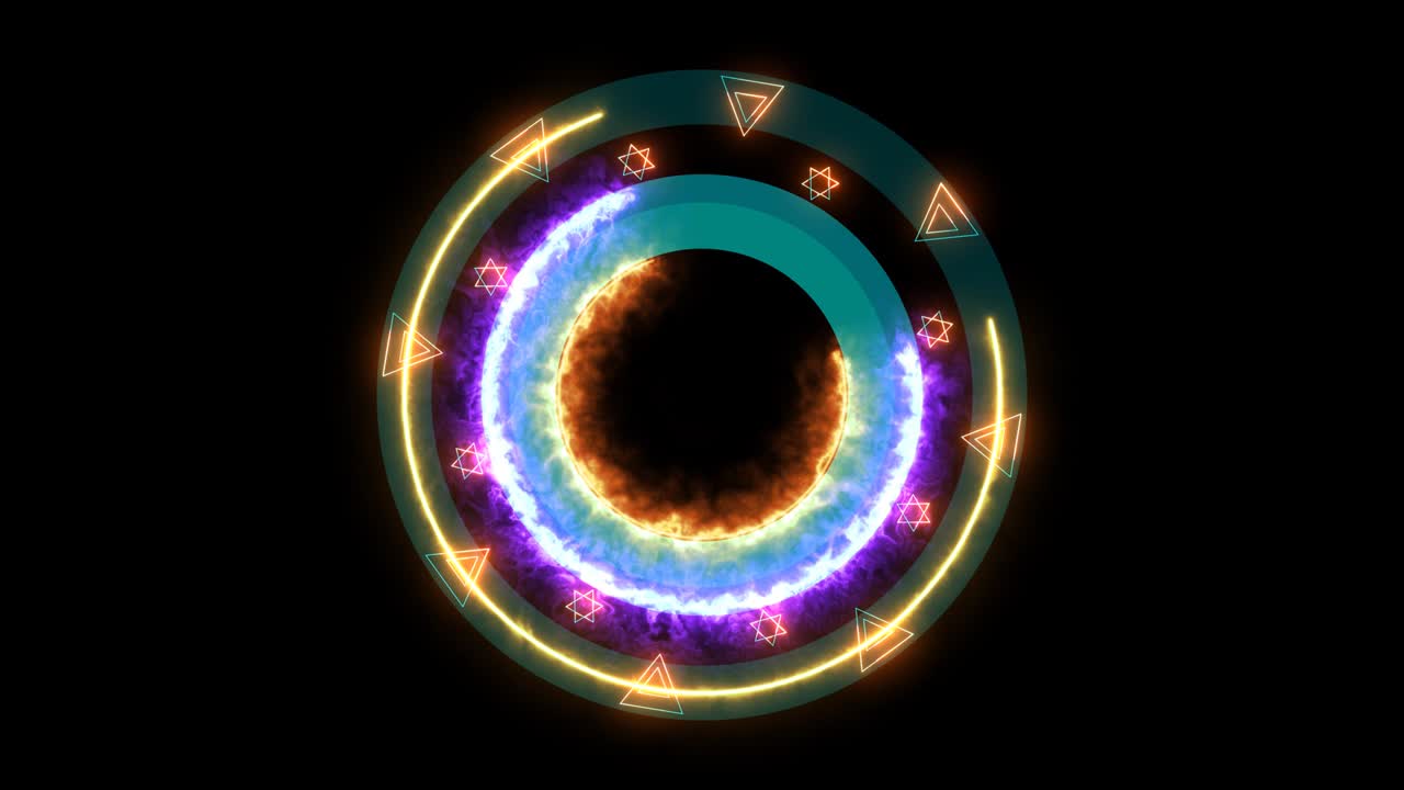 마법의 힘, 에너지, 별, 원, 빛, 빛, 회전, 삼각형과 육각형의 별을 통과하여 무한한 힘을 창조하십시오.