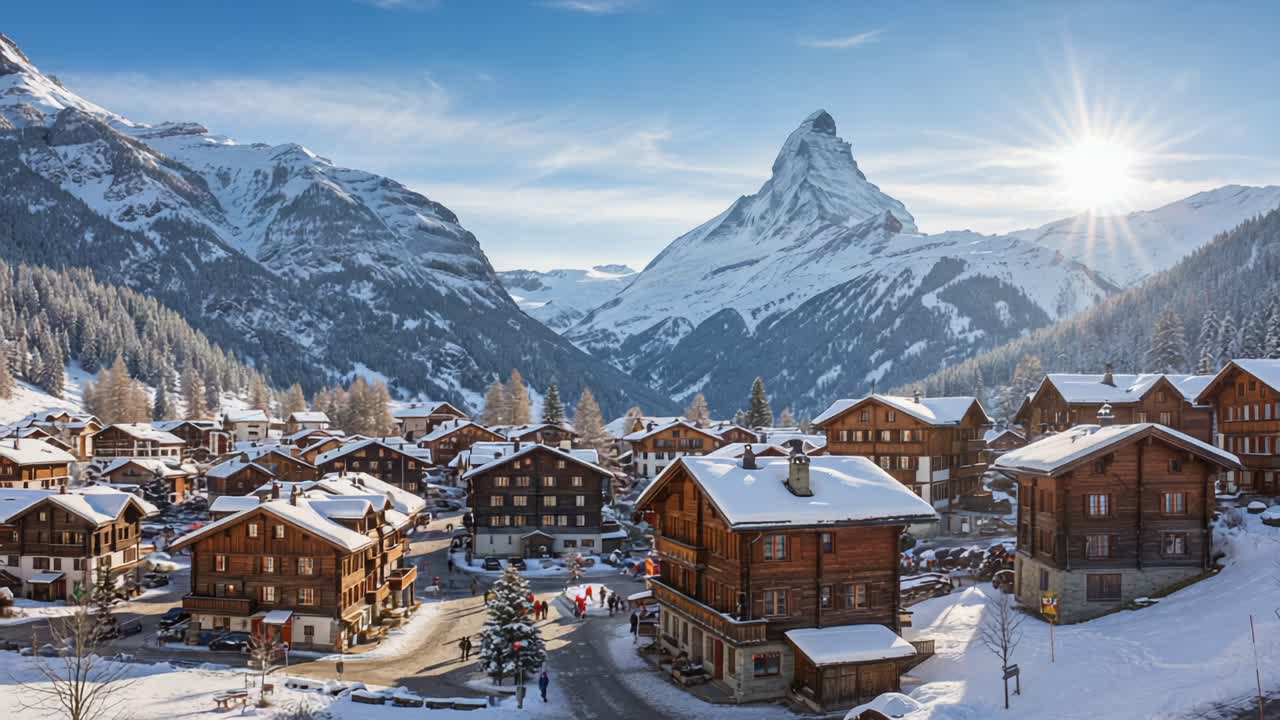 Paesaggio invernale mozzafiato che cattura il fascino alpino di un villaggio innevato sotto una maestosa catena montuosa con la luce del sole che illumina la scena