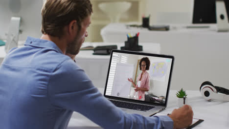 Caucasian-male-student-using-laptop-on-video-call-with-female-teacher