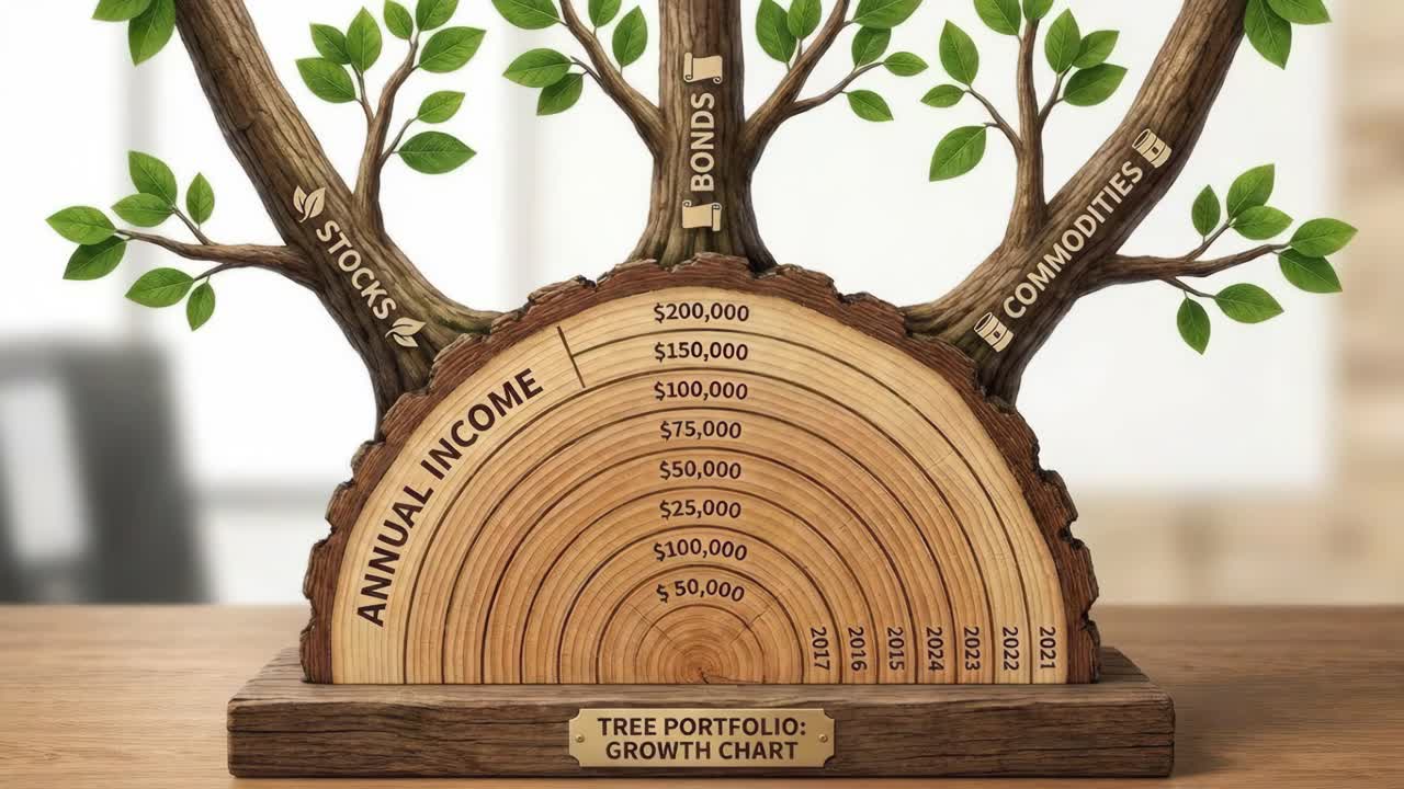 Vækstdiagram for investeringsportefølje: Aktier, obligationer og råvarer