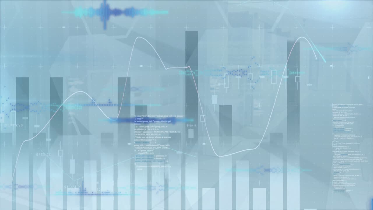 Animation of financial data processing and statistics over cityscape