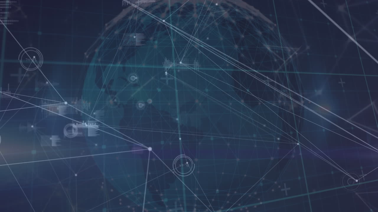 Animation of network of connections with globe over data processing
