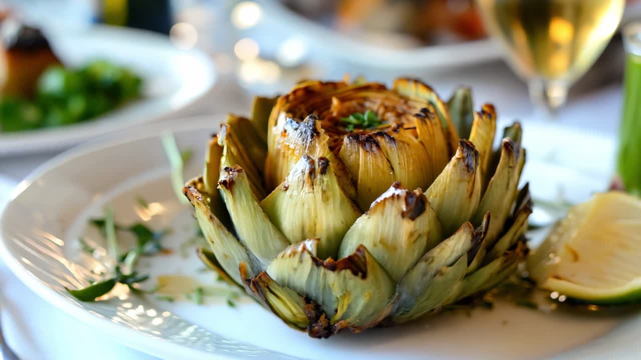 Grilled artichoke hearts are served on white plates, garnished with herbs and a slice of lemon, in a restaurant setting with wine glasses and other dishes in the background