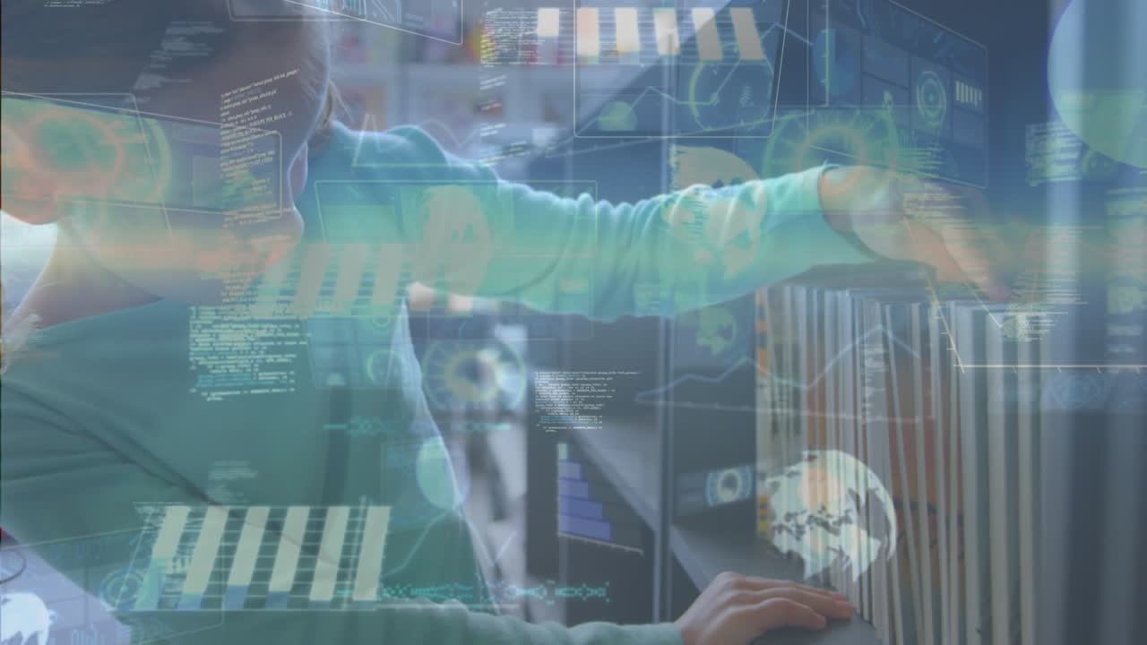 소녀는 학교 도서관에서 책을 찾기 위해 기술을 사용합니다. 교육 기술을 강조합니다.