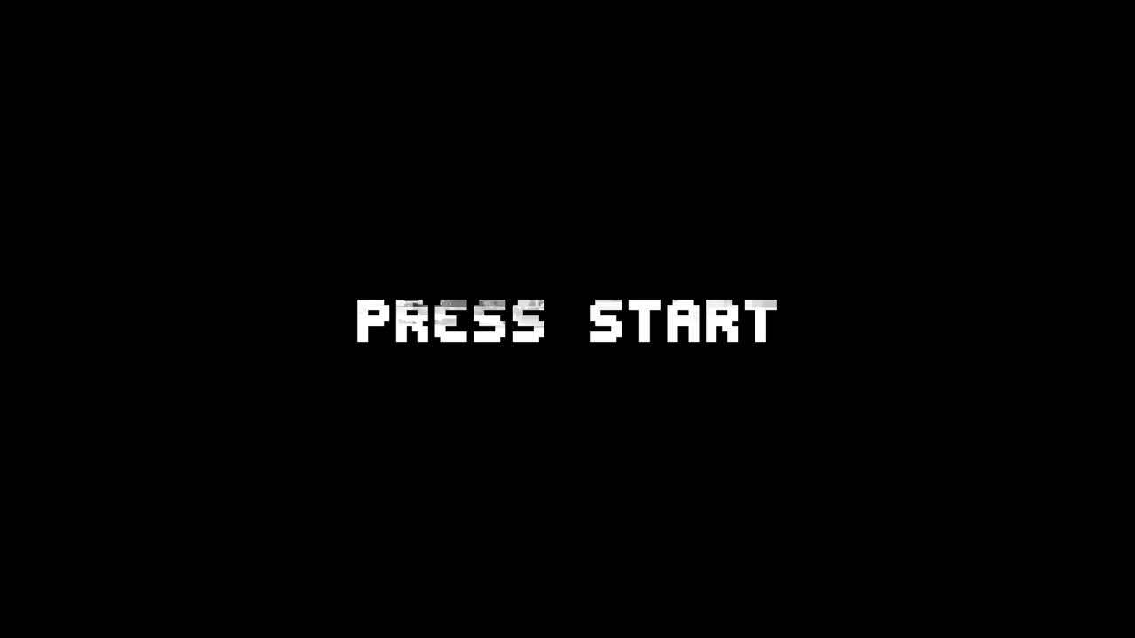 retro videogame PRESS START text computer HUD holographic glitch interference noise screen animation seamless loop