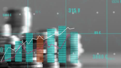 animation of financial data processing over stacks of coins