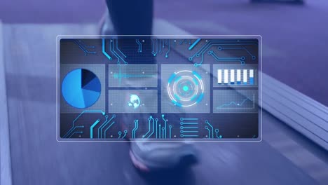 Animation of data processing over woman running on treadmill, exercising in gym