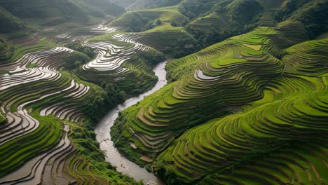 captivating aerial view of lush green rice terraces curving along a meandering river in an idyllic agricultural landscape