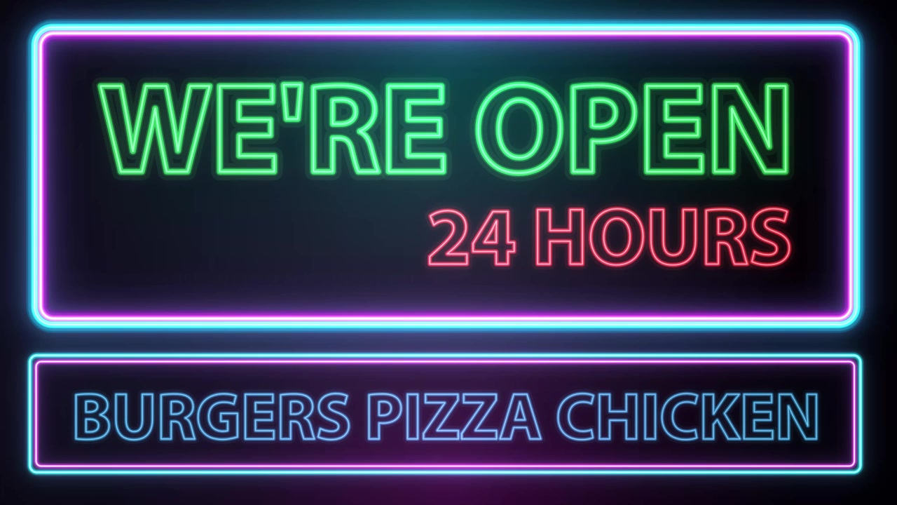Glowing neon sign for a 24-hour restaurant flickers against a dark background in loop.