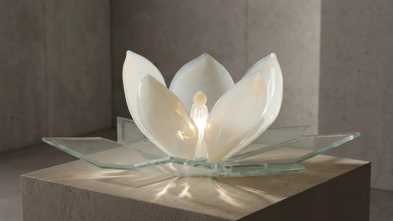 Glass Lotus Flower Sculpture Opening to Reveal Glowing Light