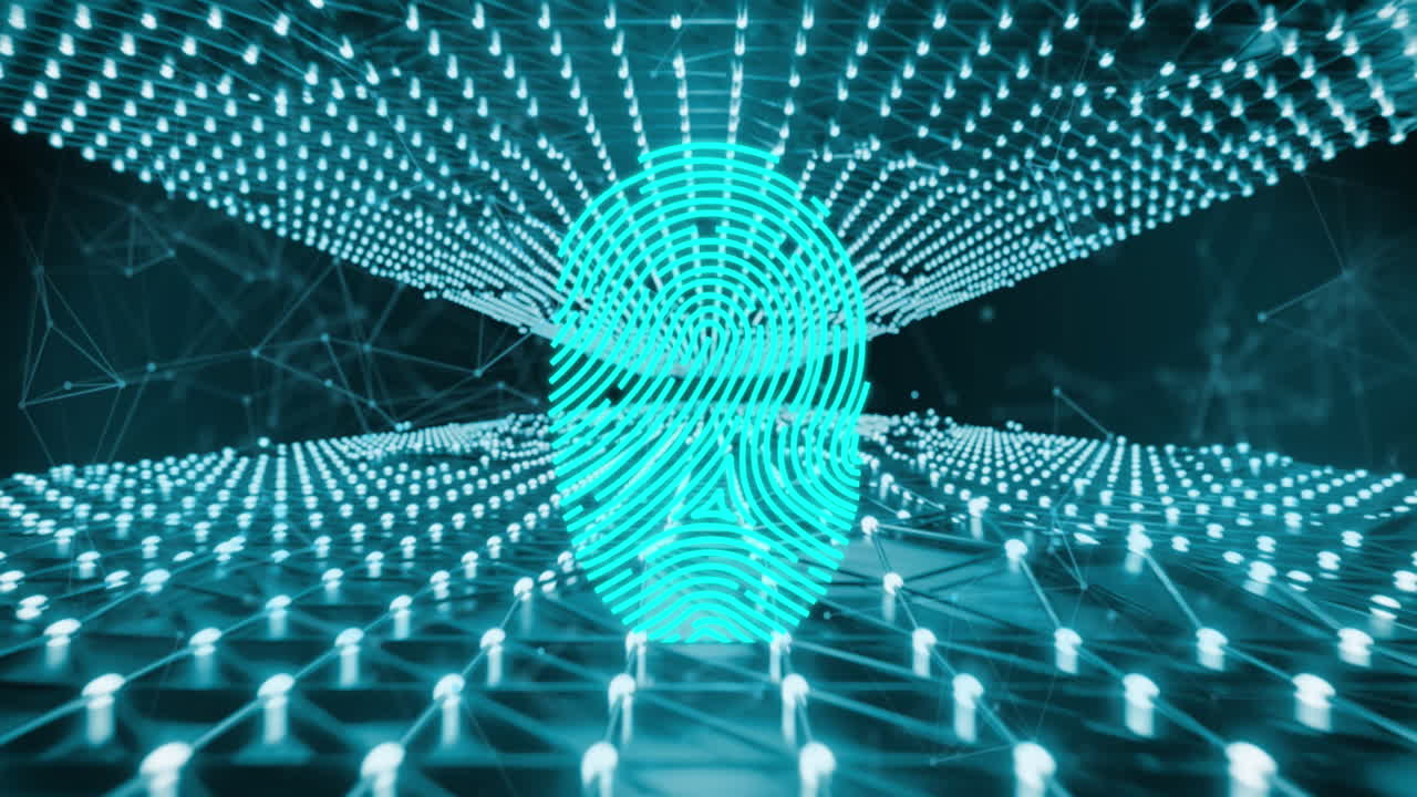 animación del procesamiento de datos sobre una malla de conexiones con huellas dactilares