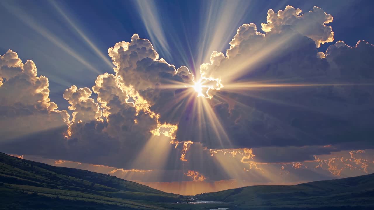 A stunning video frame captures sun rays bursting through clouds over a serene landscape, shot