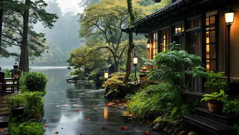 serene garden retreat by the tranquil lake during a rainy afternoon