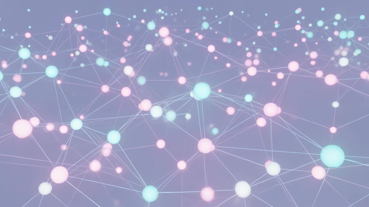 Drifting camera revealing glowing pastel node field purple plane, exposing distant pulsing lines