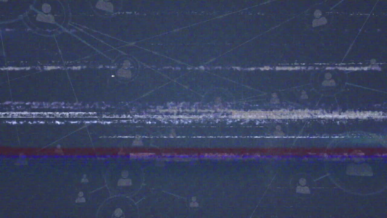 Animation of interference over network of connections with icons on black background