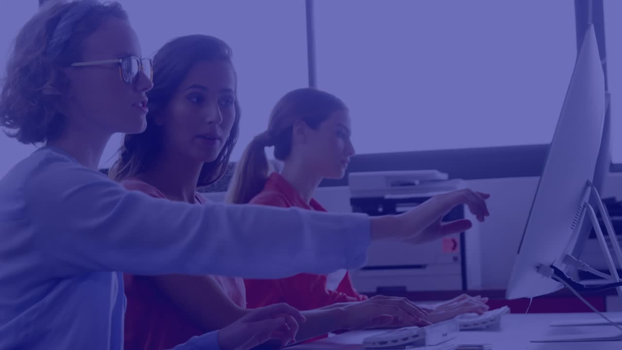Animation of data processing over business people using computer