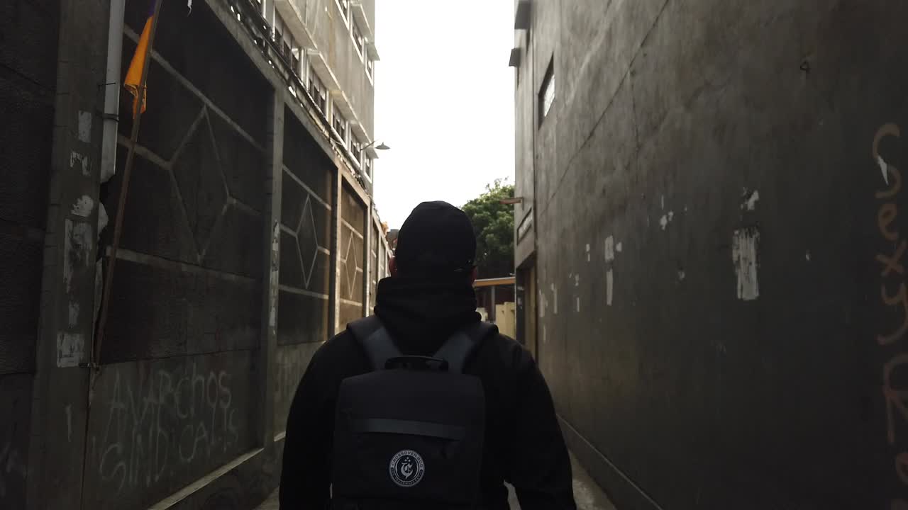 vista trasera de un viajero masculino caminando por un callejón