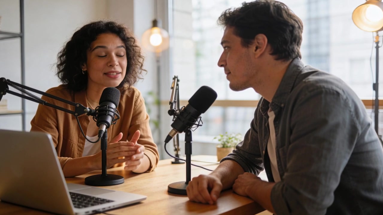 Grabación comenzando, el anfitrión gesticula hacia los micrófonos en un estudio casero para podcast mientras el coanfitrión escucha.