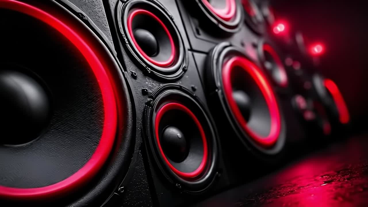 A close up of a bunch of speakers with red lights