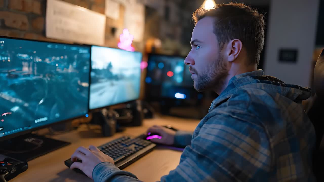 Male gamer playing video game at night