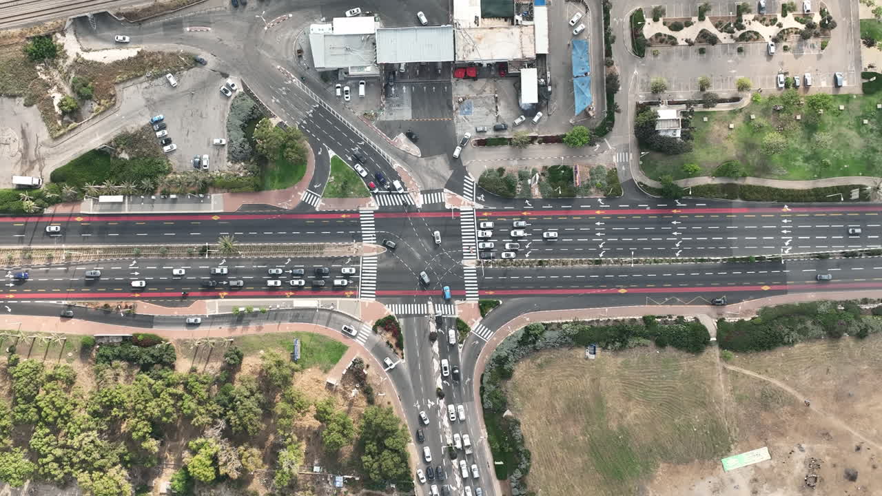 Top down aerial footage of an intersection in Haifa, Israel