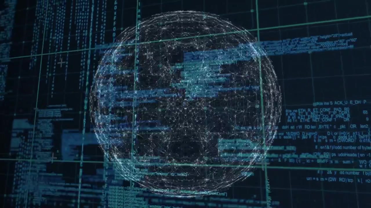 Animation of network of connections and data processing over green network