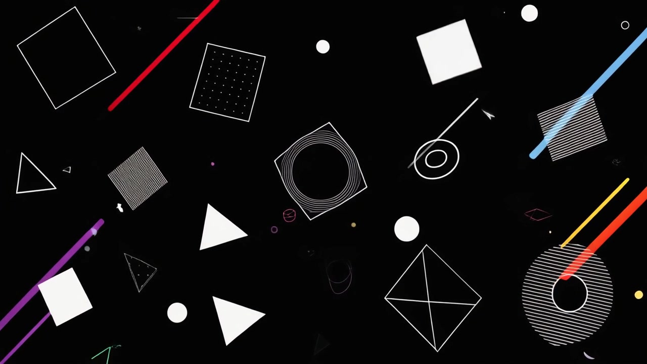 Abstract Motion Graphics with Floating Geometric Shapes on Black Background