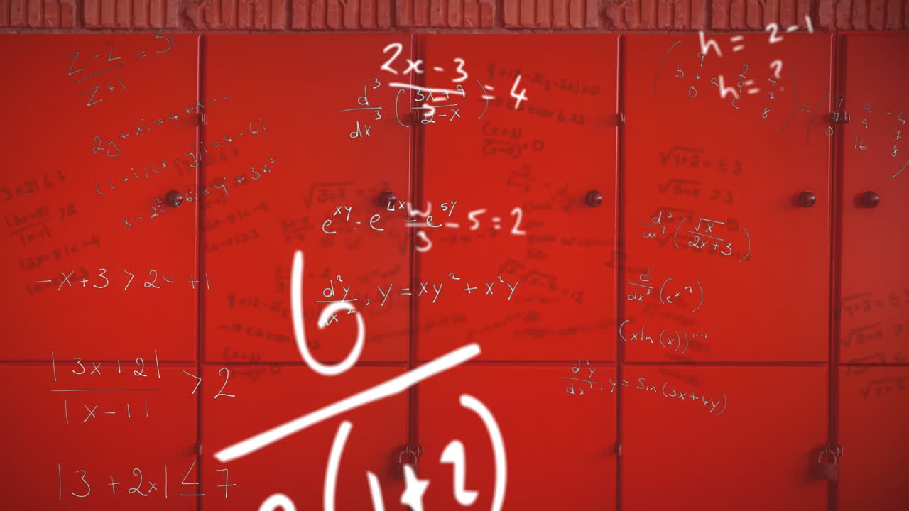 ecuaciones matemáticas flotando contra los armarios rojos de la escuela