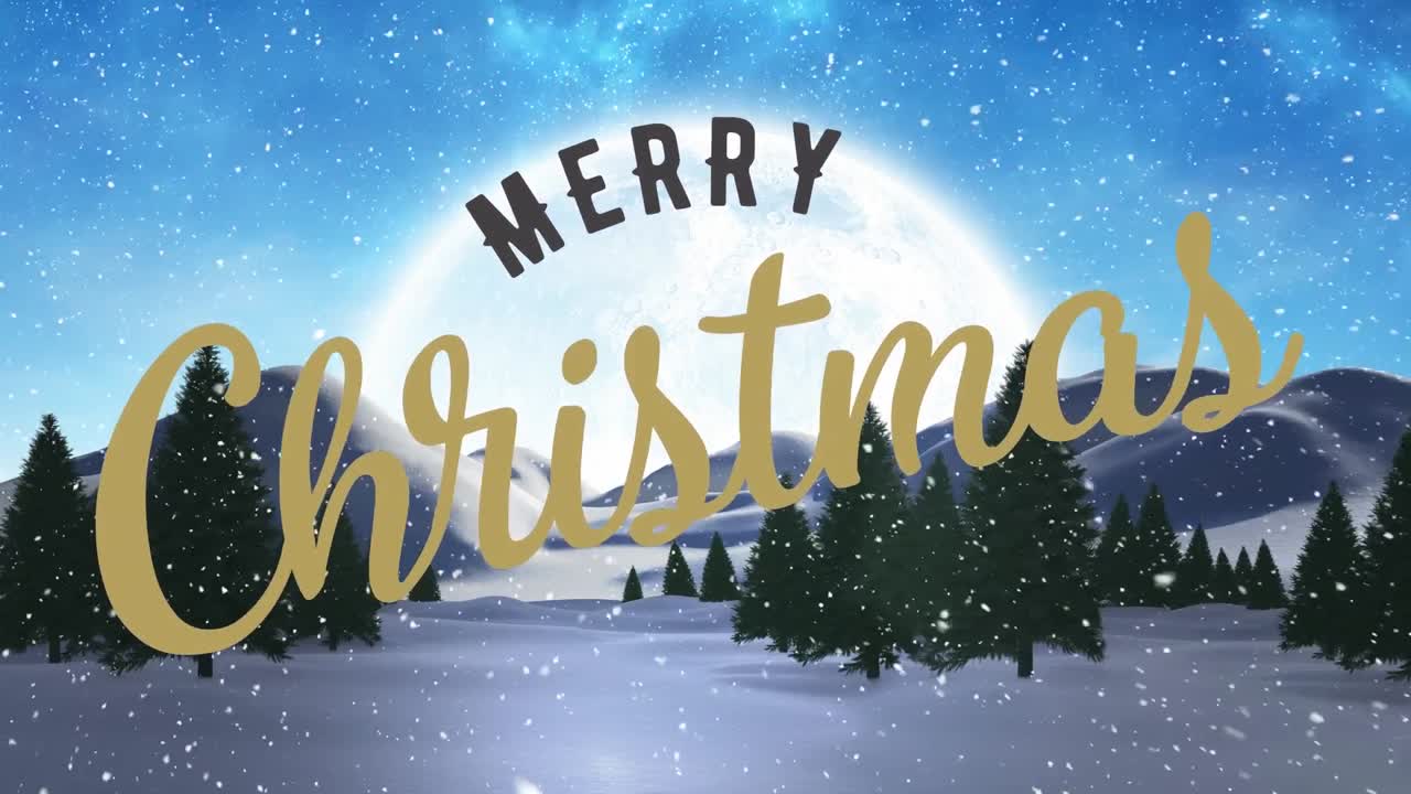 겨울 풍경 위에 내리는 눈과 메리 크리스마스 텍스트의 애니메이션