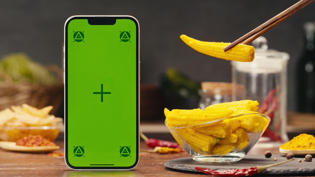 A green screen mobile phone, a portable communications device, is on a table next to a bowl of canned corn. The product is a useful gadget for telephony and communication