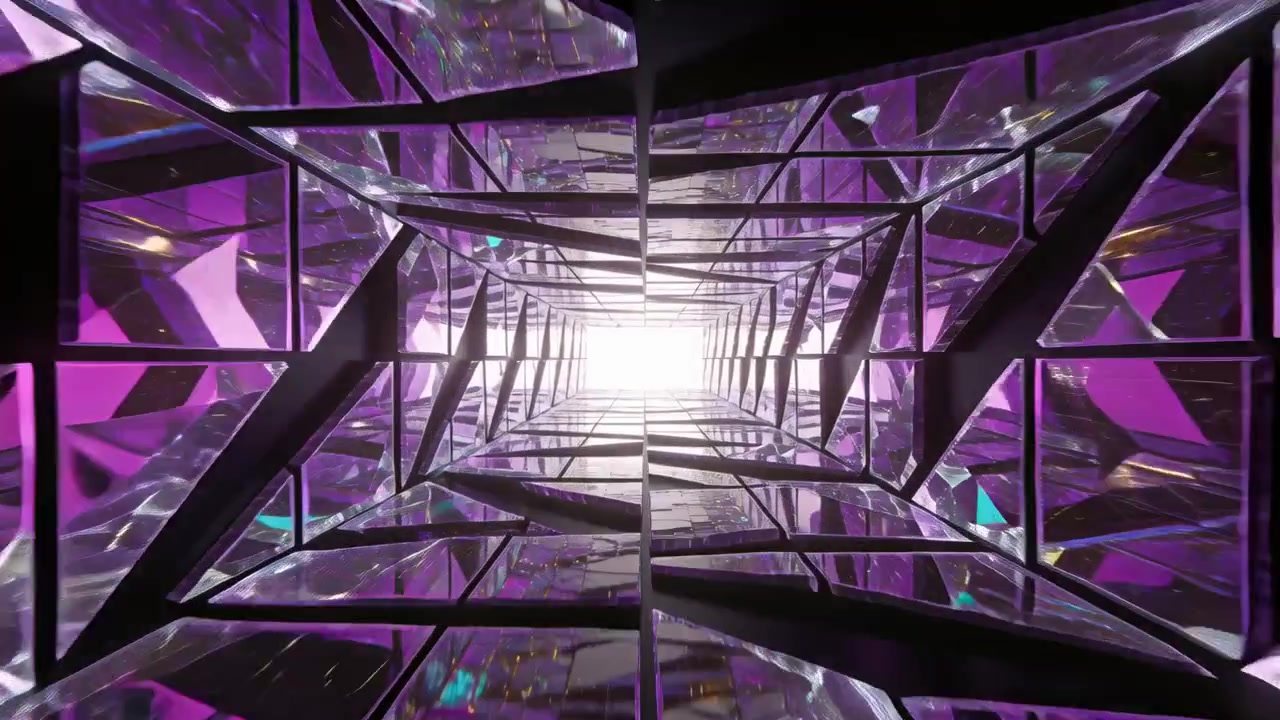 Moving camera along mirrored panels in purple tunnel toward bright rectangle with teal highlights