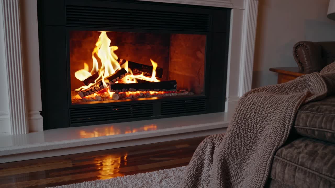 Cozy living room scene with a crackling fireplace, viewed from a low angle