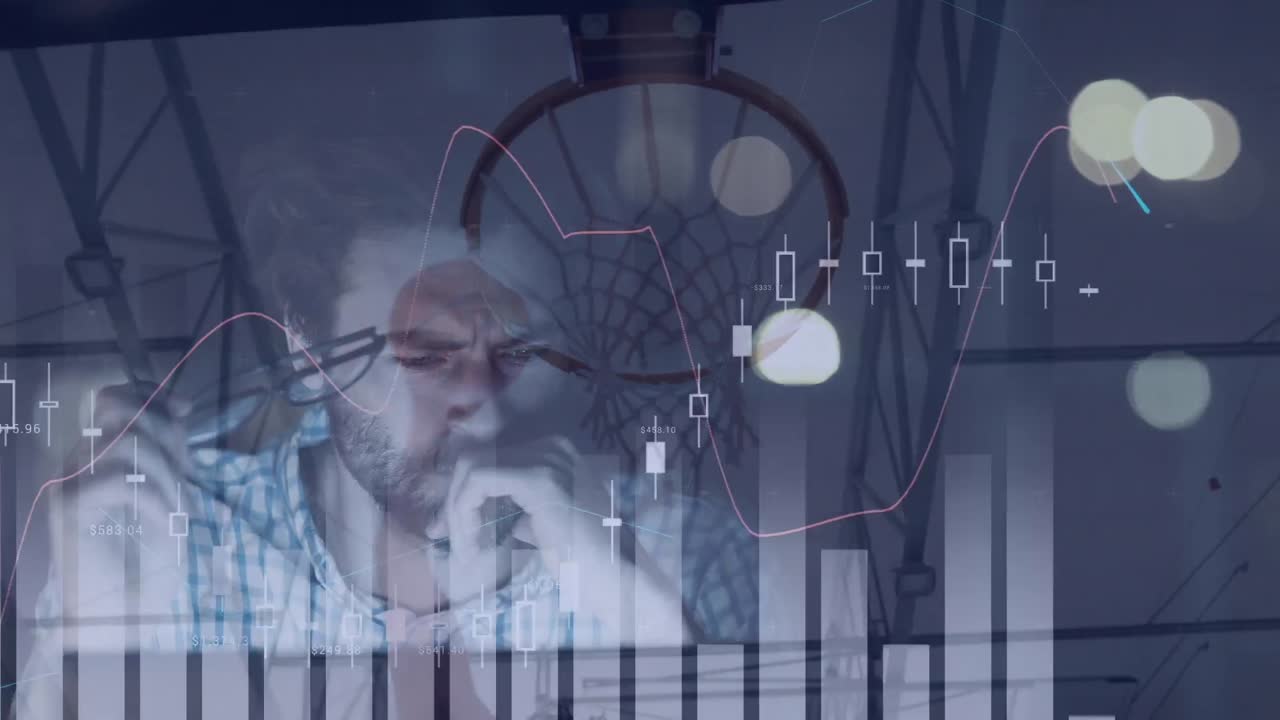 Animation of data processing and caucasian businessman over male basketball player at gym