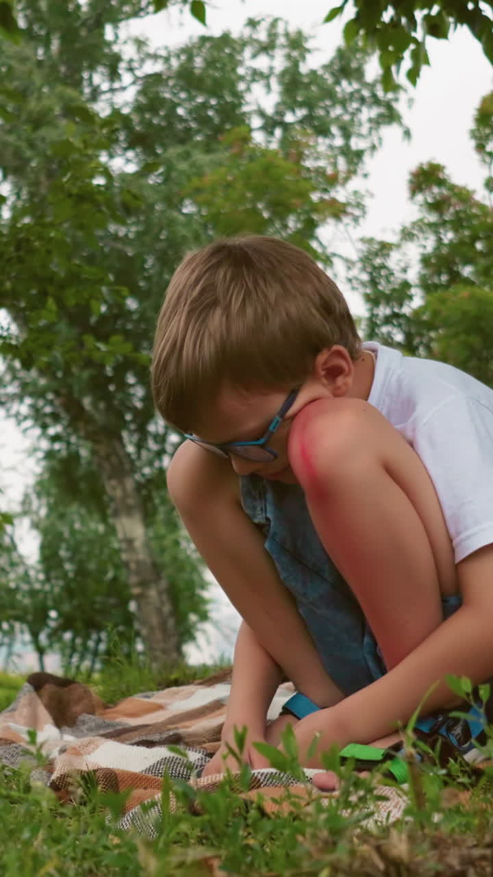 un niño pensativo se agacha bajo un árbol con un moretón rojo en la pierna, sentado en una manta, una bicicleta negra con un frente azul está estacionada cerca