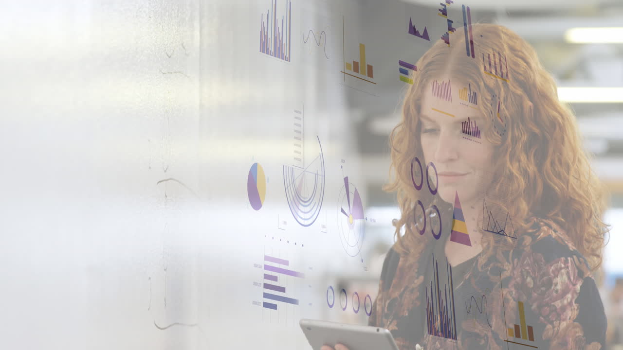 Animation of financial data processing over caucasian businesswoman in office