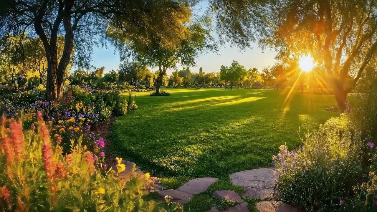 Giardino sereno al tramonto, vista grandangolare. Ideale per uno sfondo video naturale e tranquillo. Desktop live