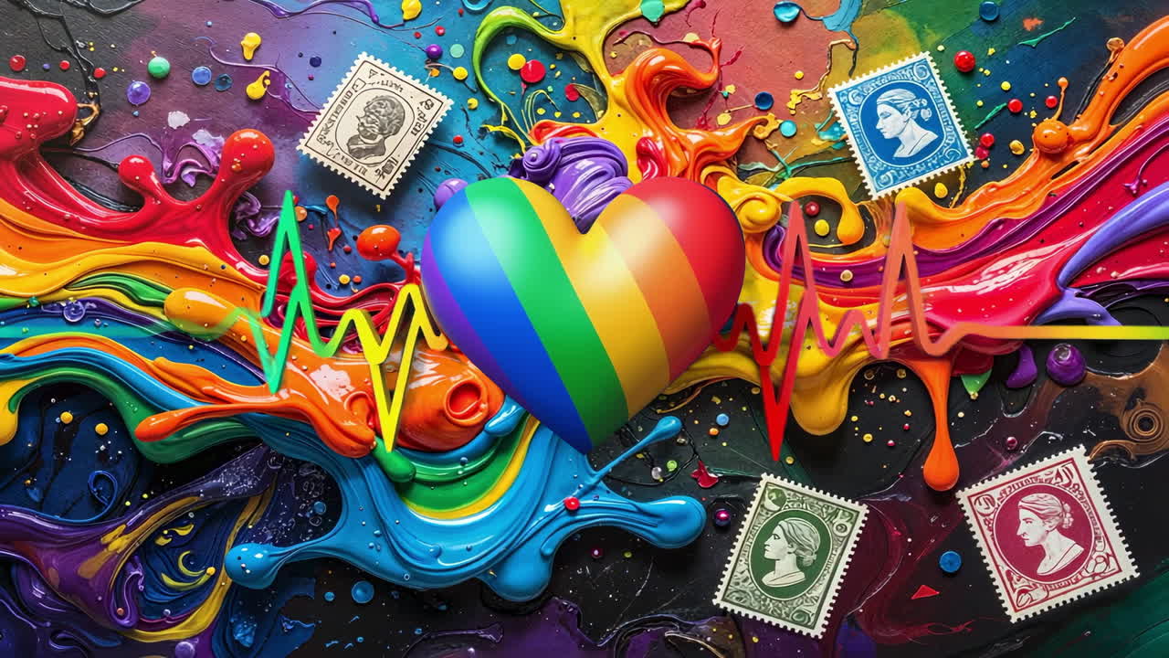 Vibrant Abstract Art with Rainbow Pride Heart and Vintage Stamps