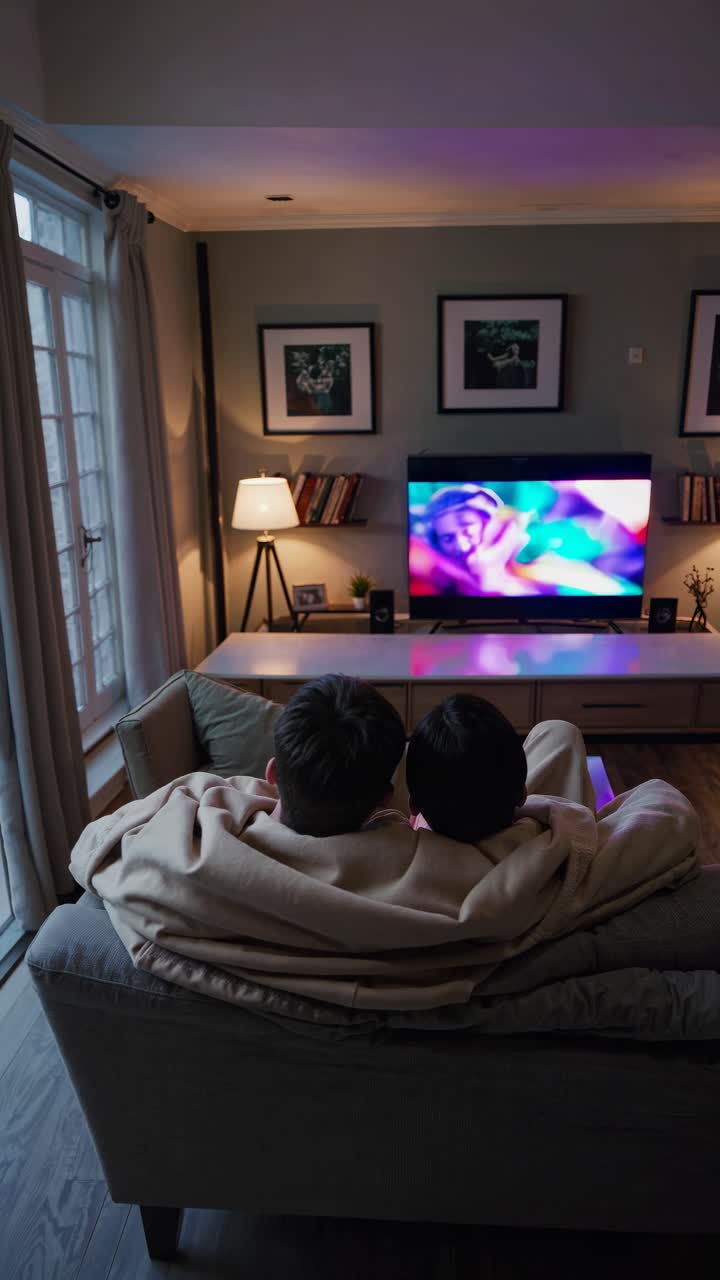 Scena accogliente di un soggiorno con una coppia che guarda un video colorato alla TV. Foto scattata da dietro con un'angolazione bassa