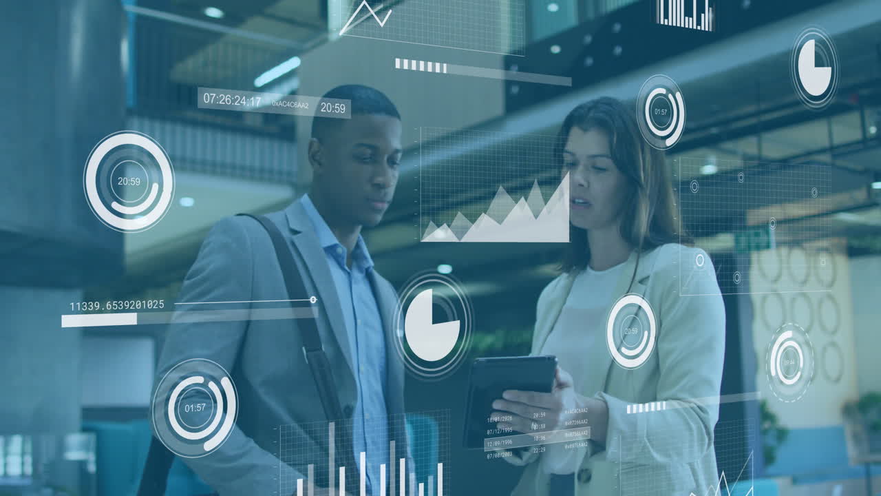 Animation of data processing against diverse businessman and businesswoman discussing at office