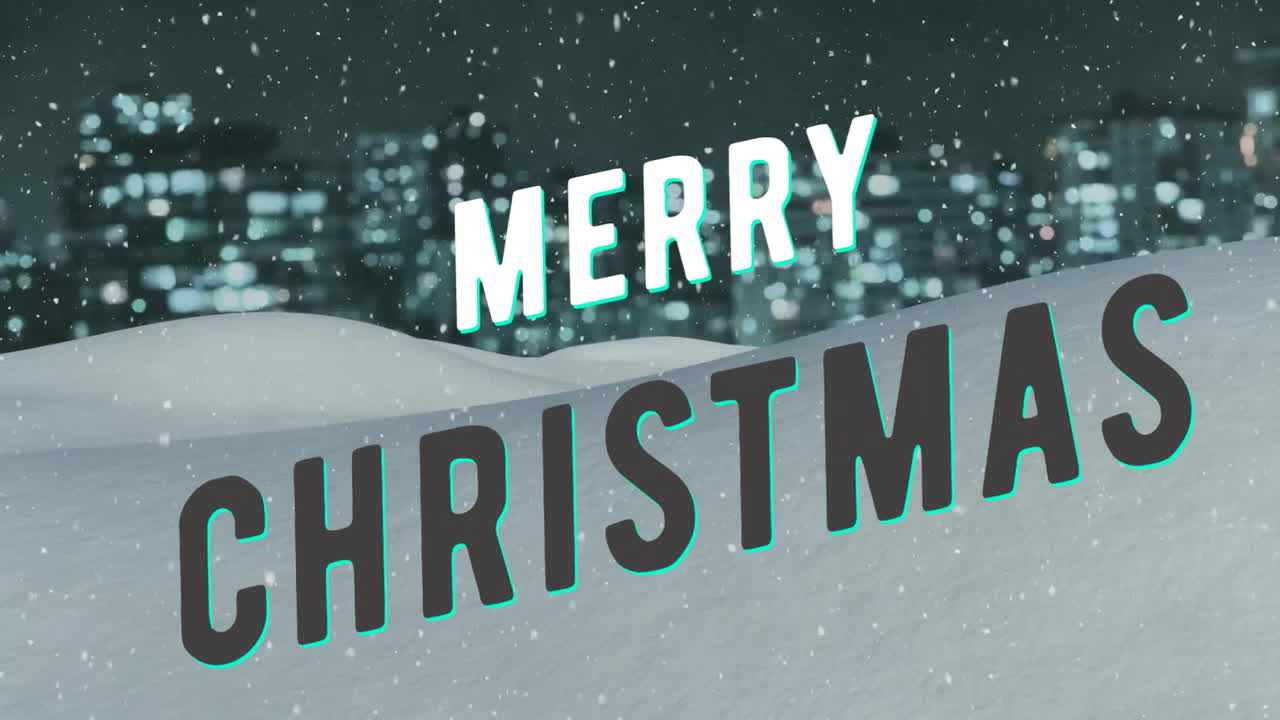 animación de texto de feliz navidad y nieve cayendo sobre el paisaje de invierno